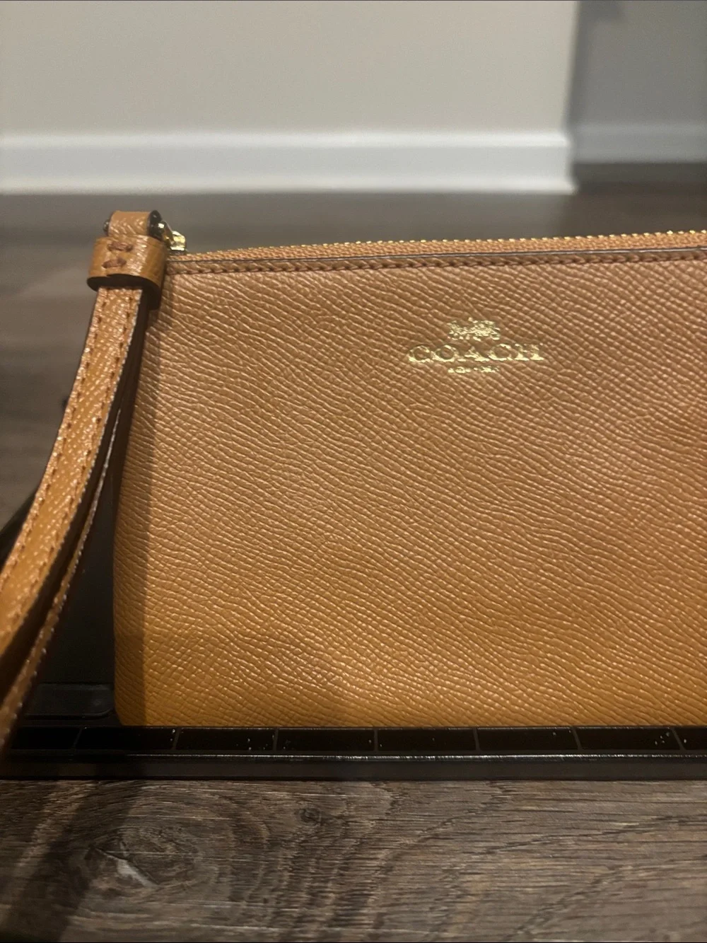 Coach Tan Pebbled Leather Wristlet with Gold Logo